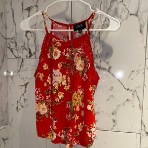 Stylish Red Floral Camisole with Crochet Details